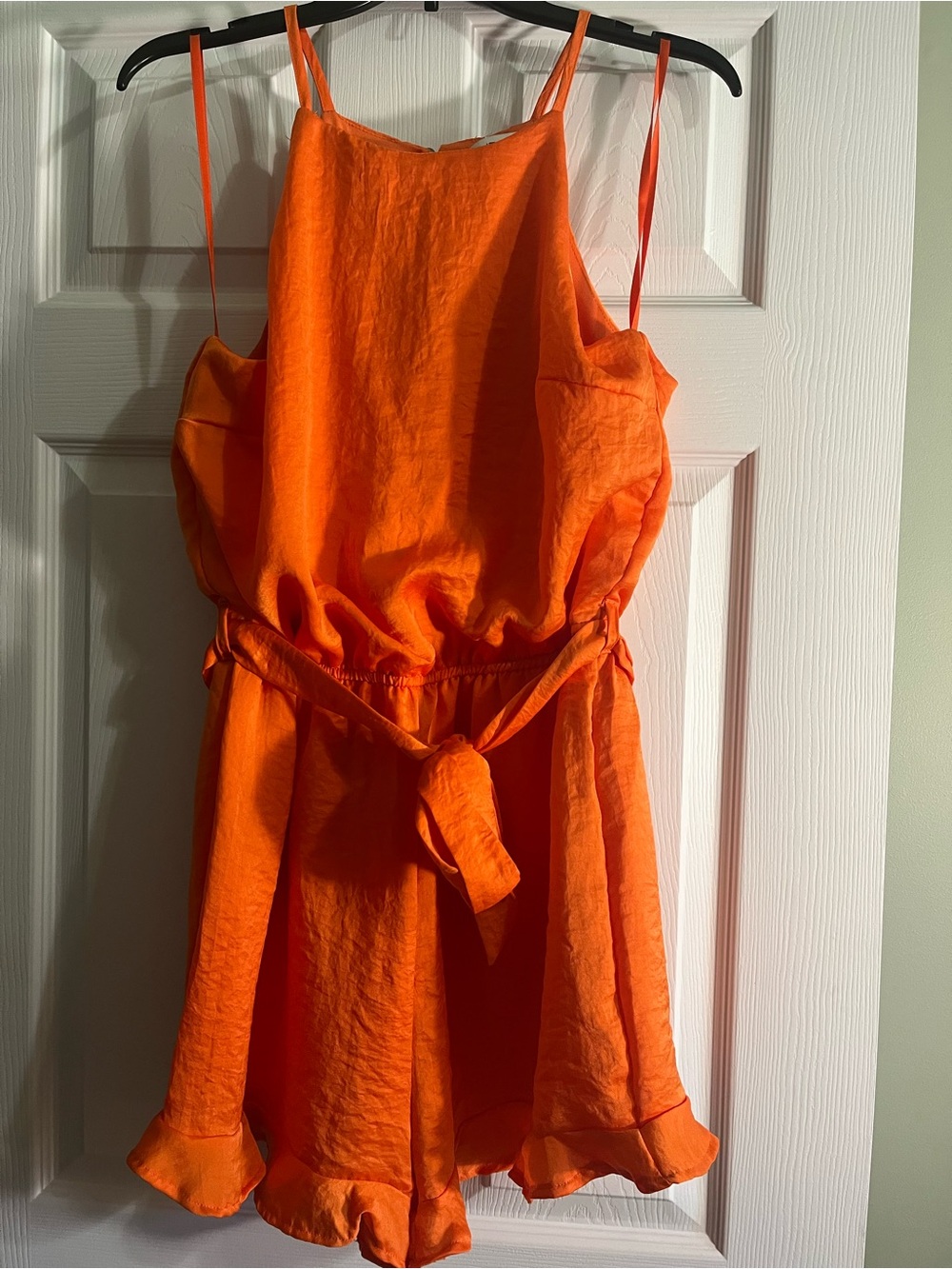 She + Sky Orange Sleeveless Romper with Tie Detail